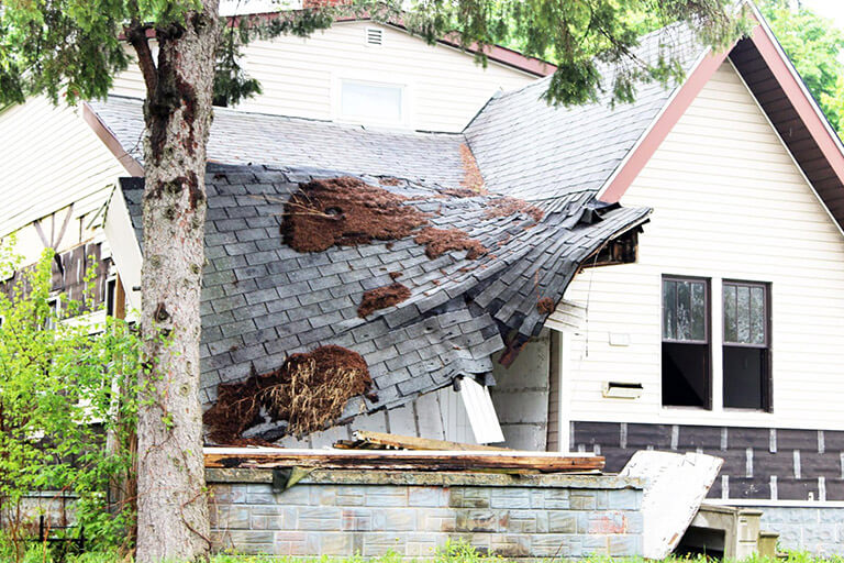 A collapsed constructed roof due to faulty workmanship