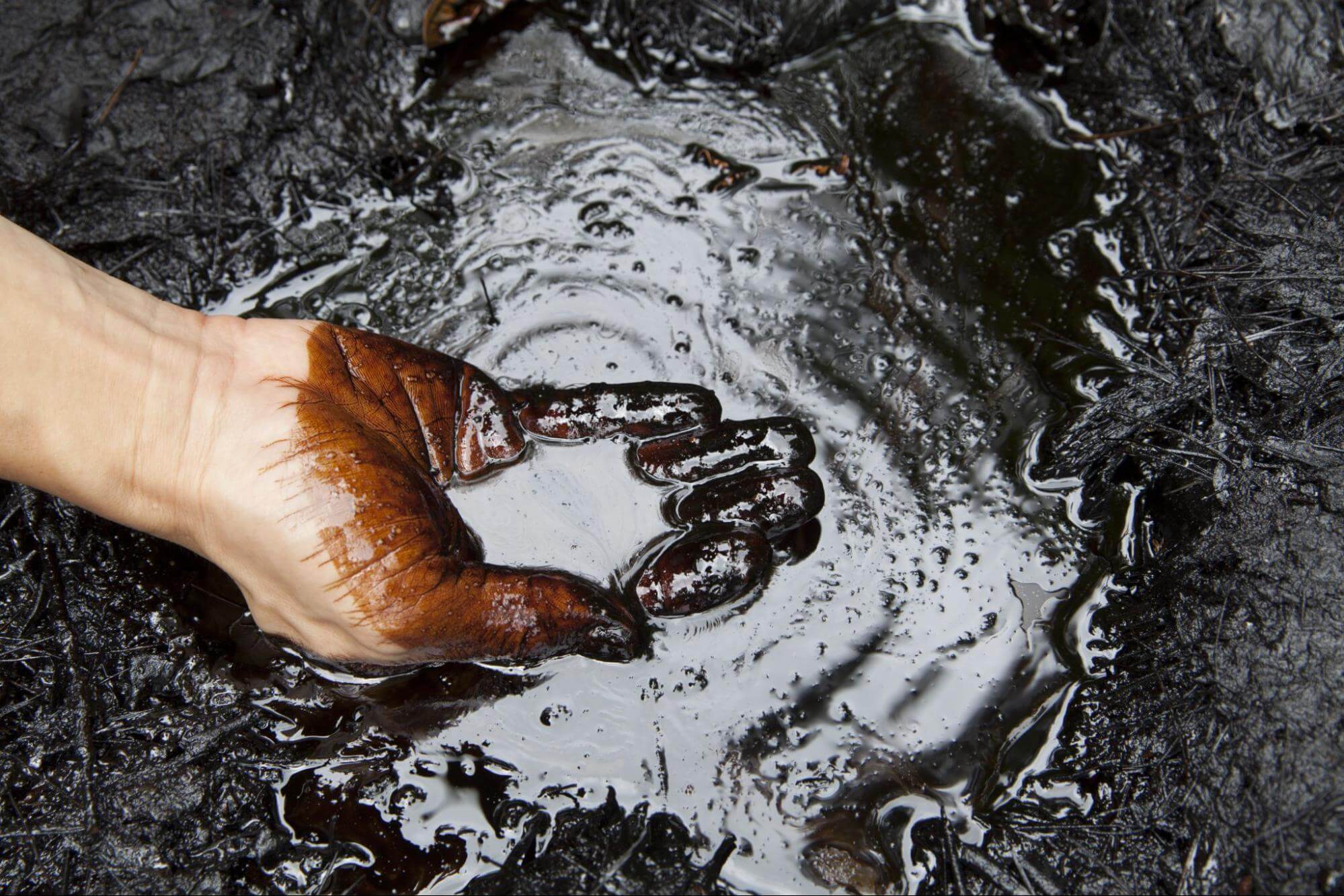 Close-up of a hand scooping up oil from an oil spill, representing the necessity for pollution liability insurance