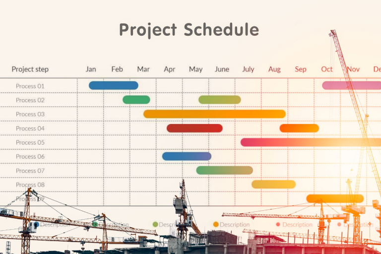  A blank project schedule with a construction site and tower cranes in the background