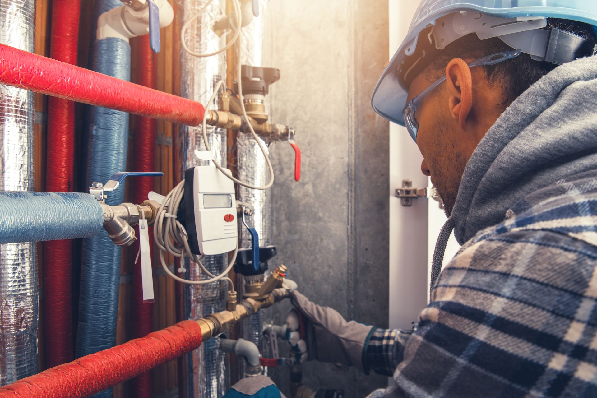 An HVAC technician checking a piping system