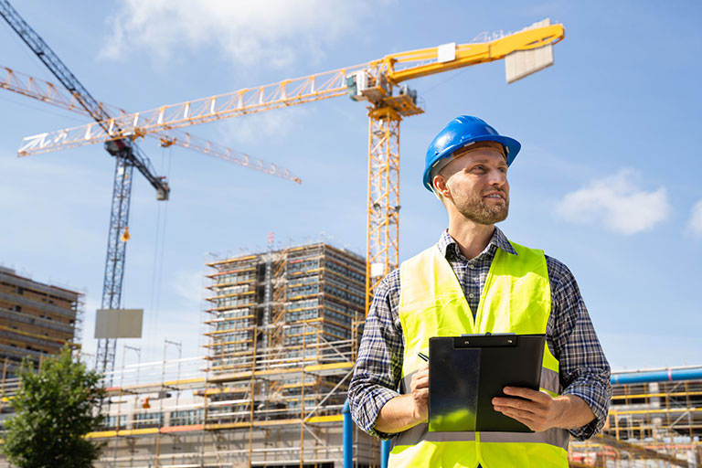 Person in front of construction site with clipboard