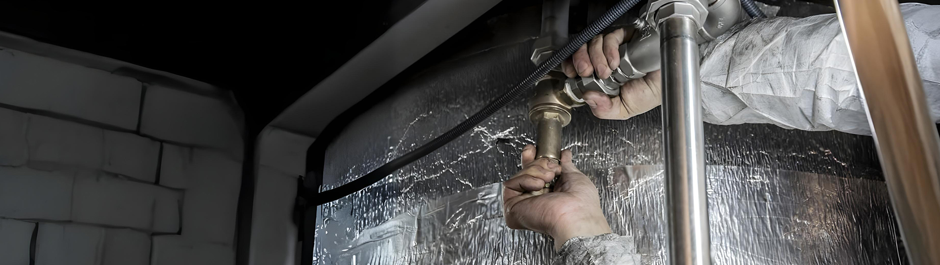 A plumber adjusting a pipe